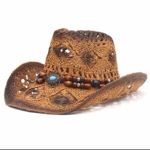 Women’s Brown Crochet Cowboy Hat with Beaded Band